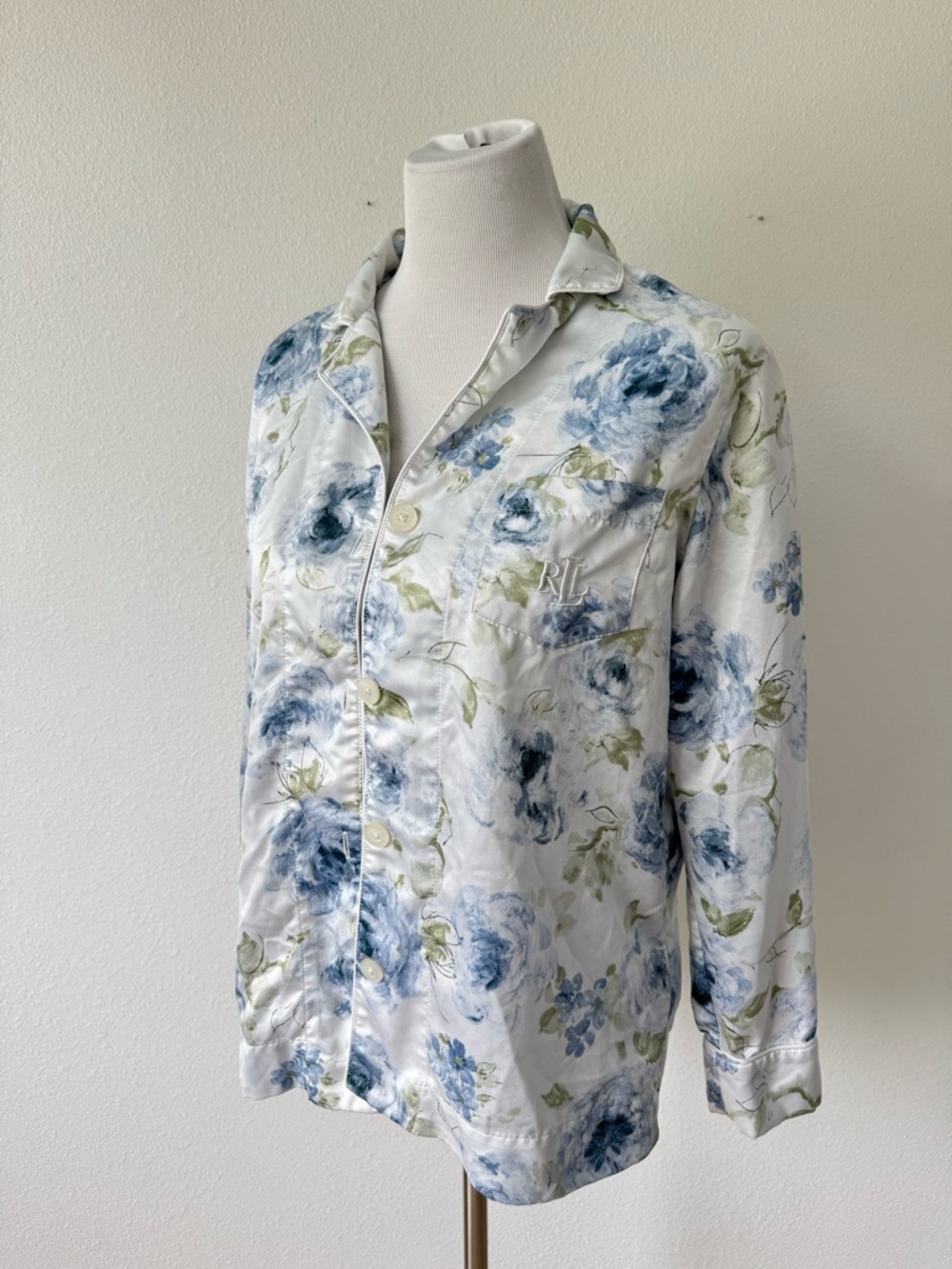 Ralph Lauren Floral Button-Down Pajama Top - Blue & Green Roses
